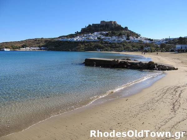 Main beach and Acropolis of Lindos in winter