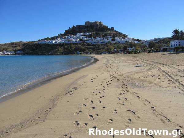 Main beach and acropolis of Lindos in winter